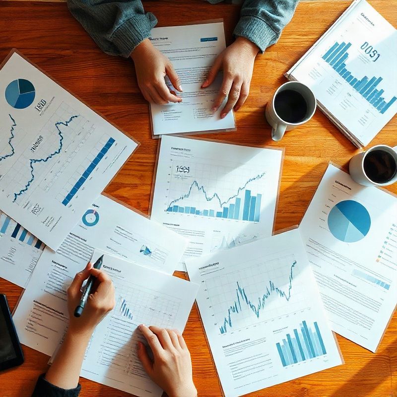 Reportes económicos impresos y gráficos de datos sobre una mesa de madera cálida