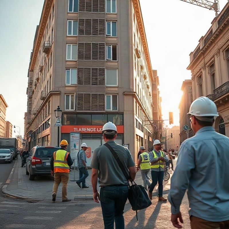 Trabajadores de construcción y oficina cruzando una esquina de Montevideo en la mañana con luz ámbar dorada
